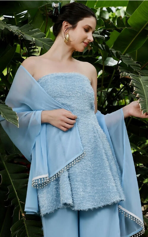 Blue strapless peplum top with palazzo and dupatta set