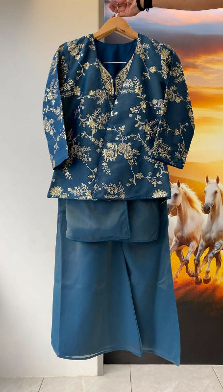 Blue indo western kurti with jacket and palazzo 3pc set