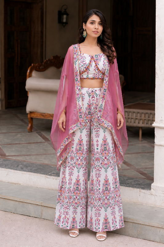 White printed crop top with palazzo and jacket