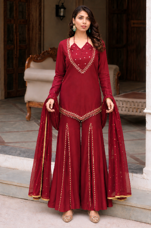 Rani sahiba red choli style kurti with sharara and dupatta 3pc set