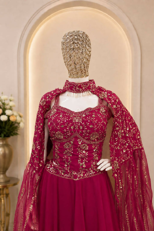 Pink indo western corset top with cape and lehenga skirt 3pc set