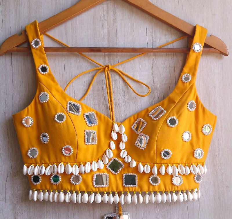 Amber Yellow Rayon Cotton Blouse, Mirror Embroidered Semi Sweetheart Neckline