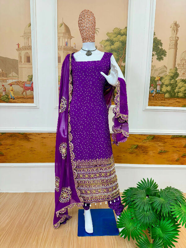 Purple sleeveless pearl work long kurti with pent and dupatta 3pc set