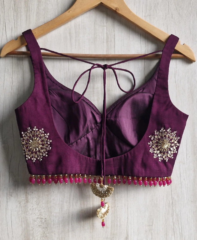 Wine Embroidered Silk Sweetheart Neck Blouse