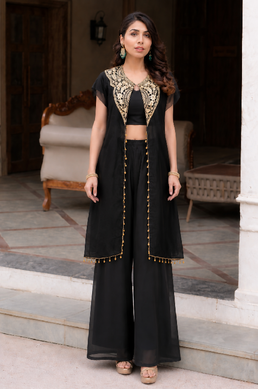 Black indo western crop top with palazzo and jacket 3pc set