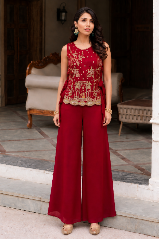 Red indo western short kurti with top and pent 3pc set