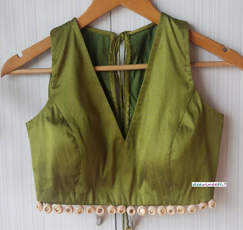 Olive Green Raw Silk Deep V Neck Blouse with Mirror Fringes