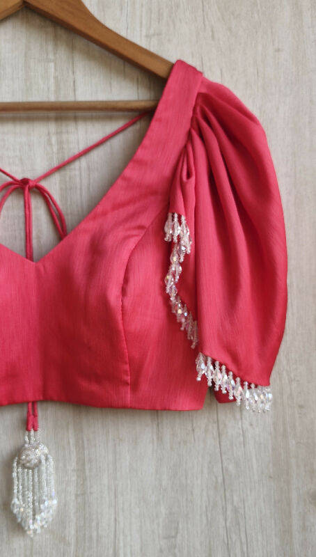 Pink Art Silk V Neck Ruffle Sleeves Blouse