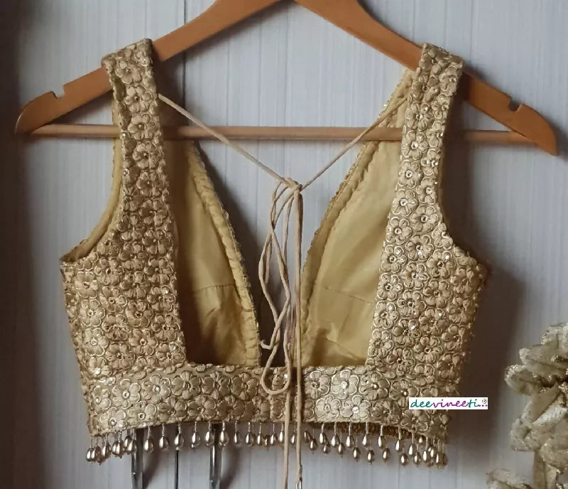Embroidered Gold Georgette Saree Blouse, Plunge Neckline