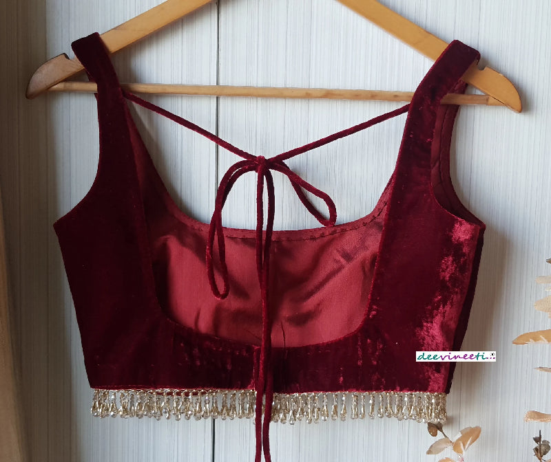 Deep Burgundy Velvet Saree Lehenga Blouse Sleeveless Square Neck with Fringes - Sleeveless & Half Sleeve