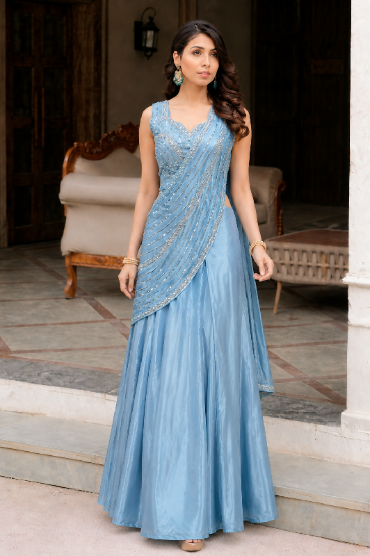Blue indo western lehenga saree with blouse