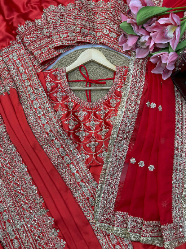 Red bridal indian silk saree with blouse and dupatta set