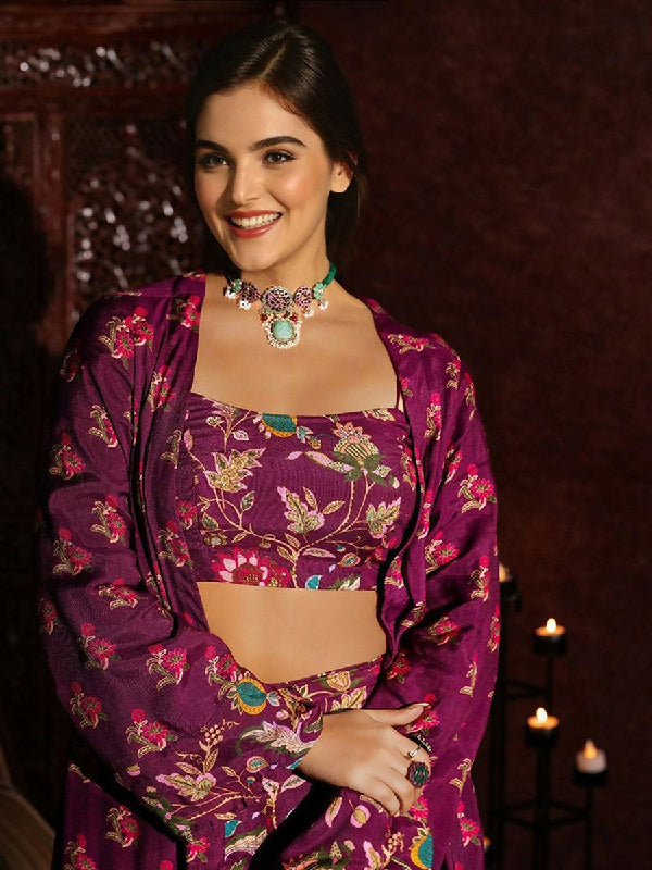 Purple floral printed palazzo with top and jacket