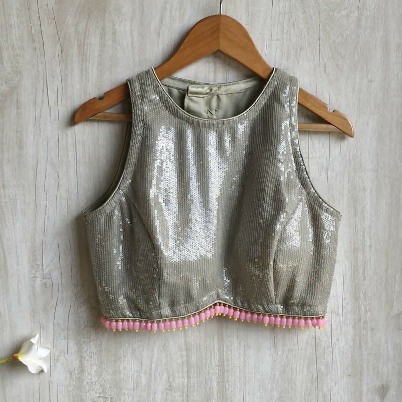 Sequin Embroidered Greenish Grey Jewel Neck Blouse, Handmade Fringes
