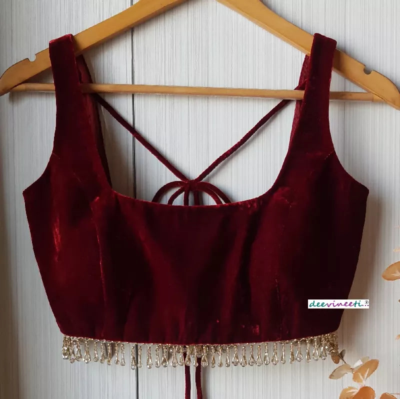 Deep Burgundy Velvet Saree Lehenga Blouse Sleeveless Square Neck with Fringes - 3/4 Sleeve