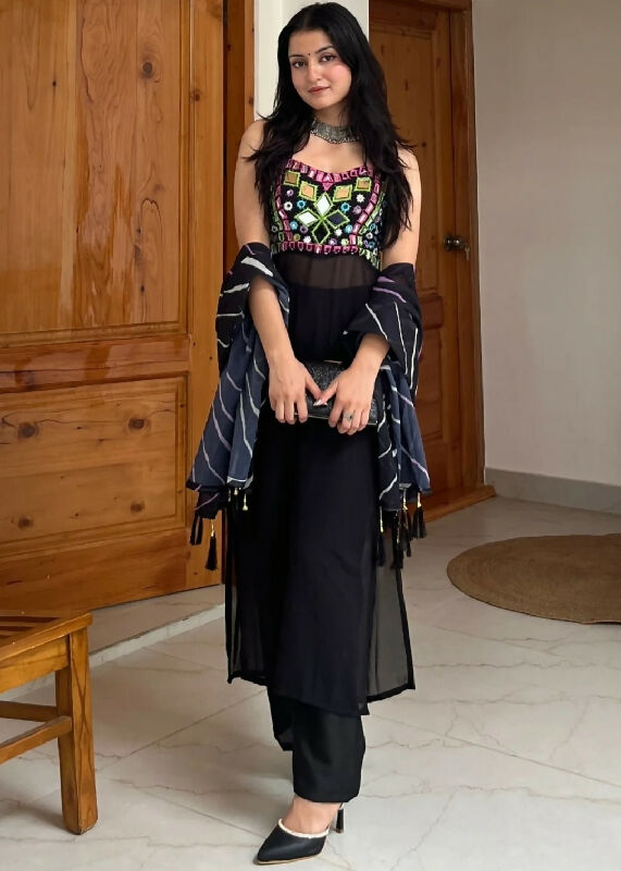 Black corset back mirror work kurti with pent and dupatta 3pc set