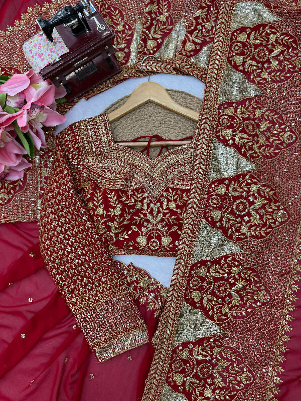 Red bridal 3pc heavy saree with blouse and dupatta set