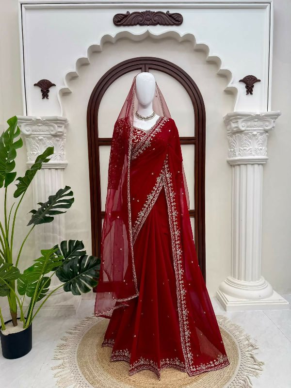 Red bridal fancy saree with blouse and dupatta 3pc set