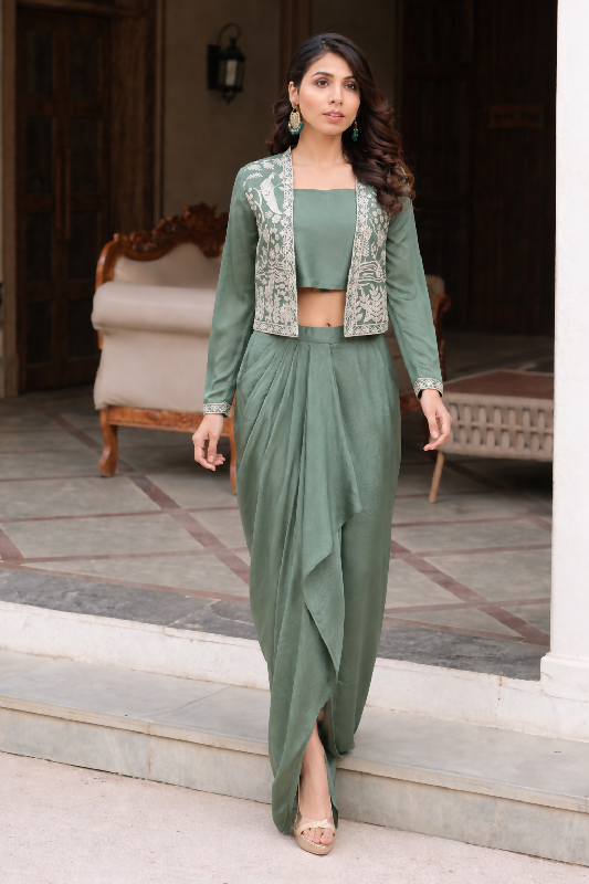 Green indo western top with jacket and dhoti skirt