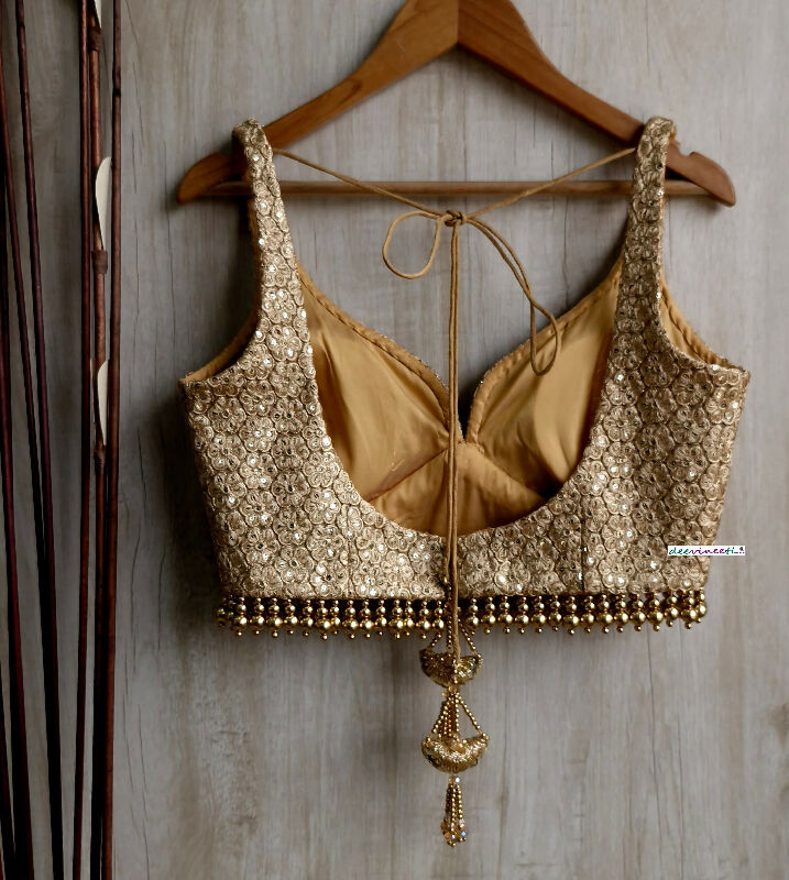 Saree Lehenga Blouse Gold Embroidered Bridal Deep Sweetheart Neck DVBL_320