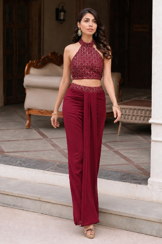 Maroon indo western dhoti skirt with halter neck top