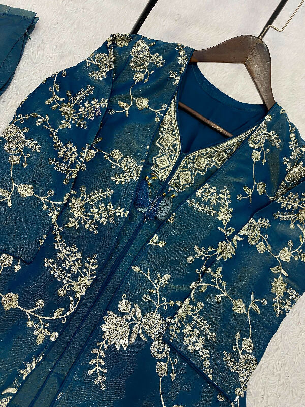 Blue indo western kurti with jacket and palazzo 3pc set