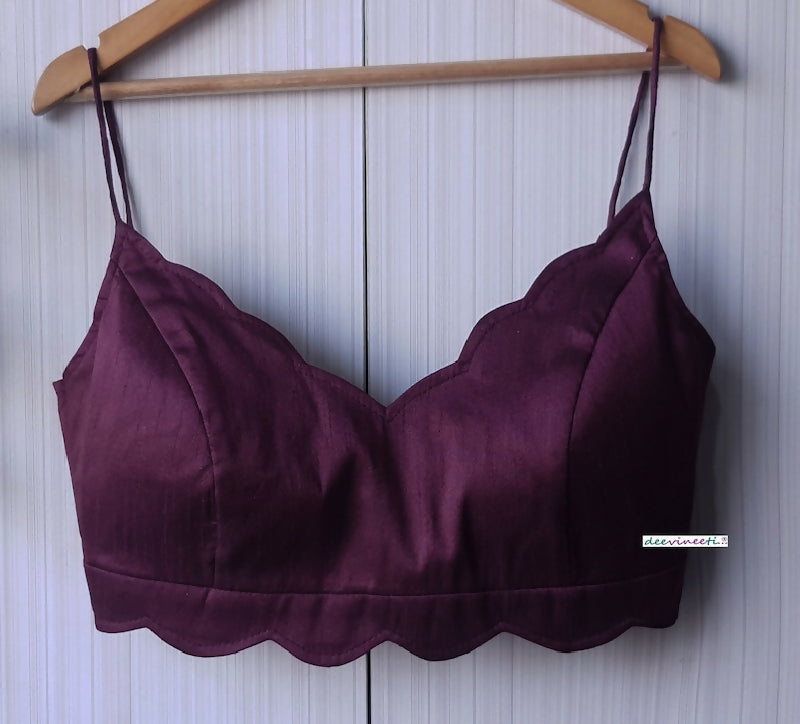 Burgundy Wine Blended Raw Silk Scallop Neck Blouse