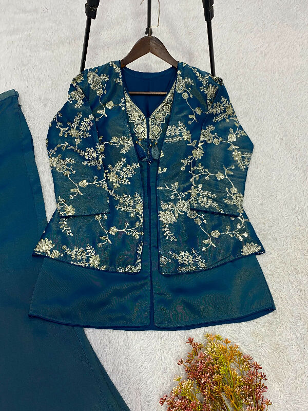 Blue indo western kurti with jacket and palazzo 3pc set