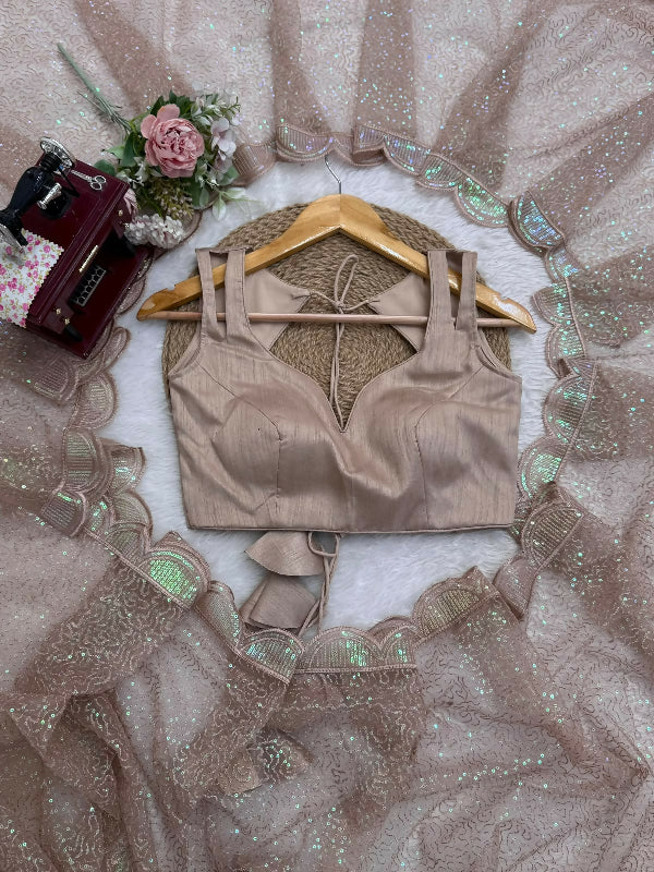 Beige gold sequin embroidery saree with blouse