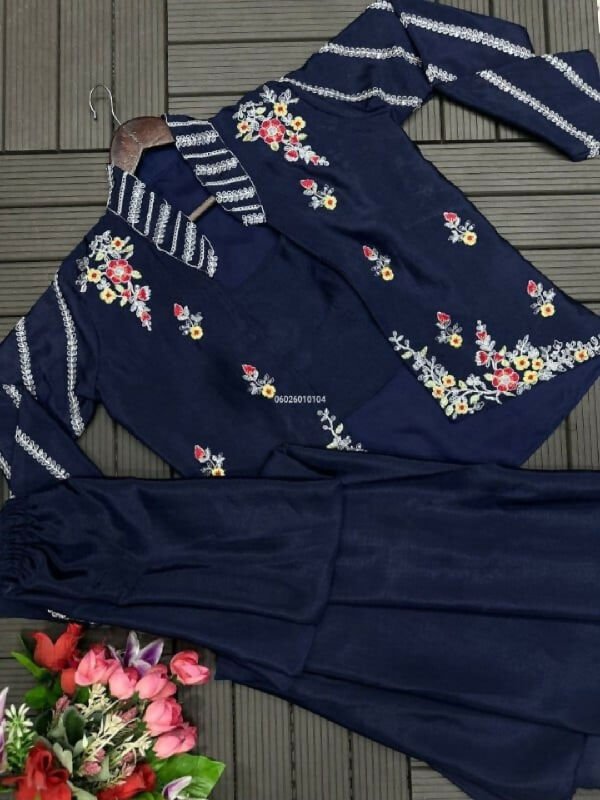 Blue indo western crop top with pent and jacket set