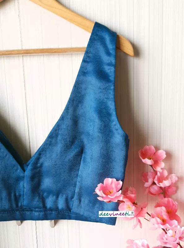 Blue Velvet Crepe Saree Lehenga Blouse Deep V Neck