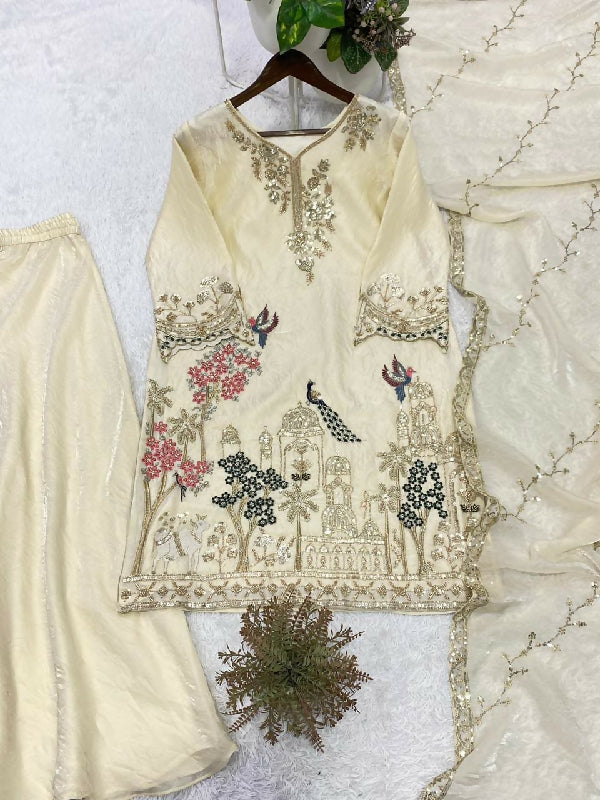 Off white cutdana handwork kurta with palazzo and dupatta 3pc set