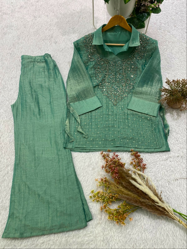 Green indo western crop top with short kurti and pent set