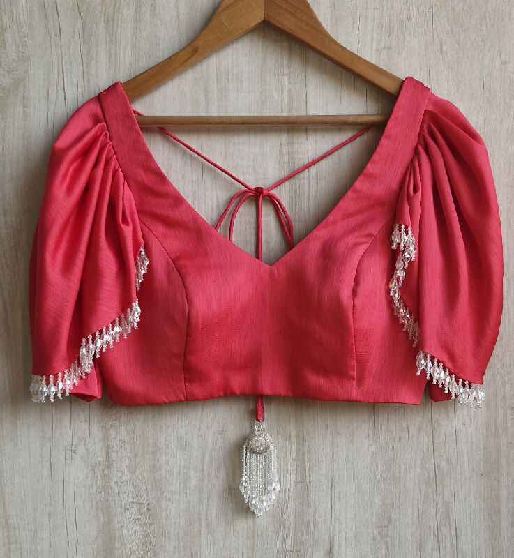Pink Art Silk V Neck Ruffle Sleeves Blouse