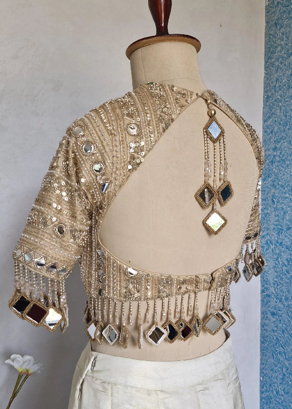 Dark Beige Gold Blouse, Embroidered, Sleeves, Mirror Fringes