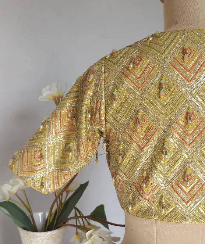 Embroidered Georgette Saree Blouse, V Neck Elbow Sleeves