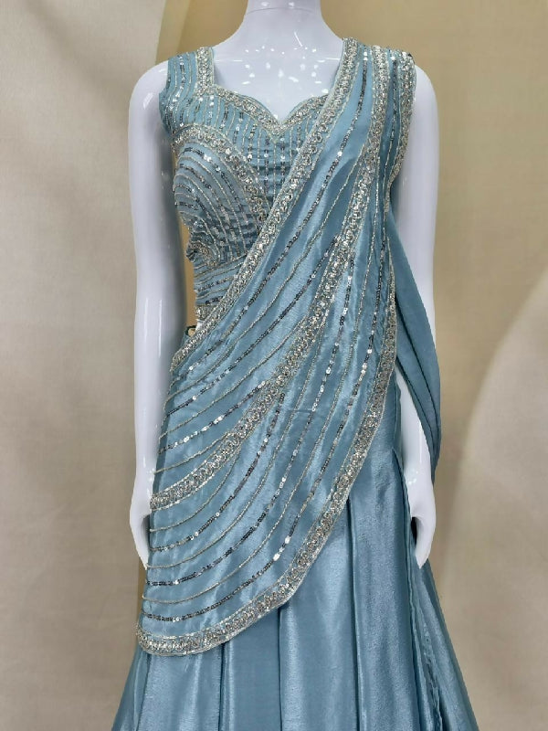 Blue indo western lehenga saree with blouse