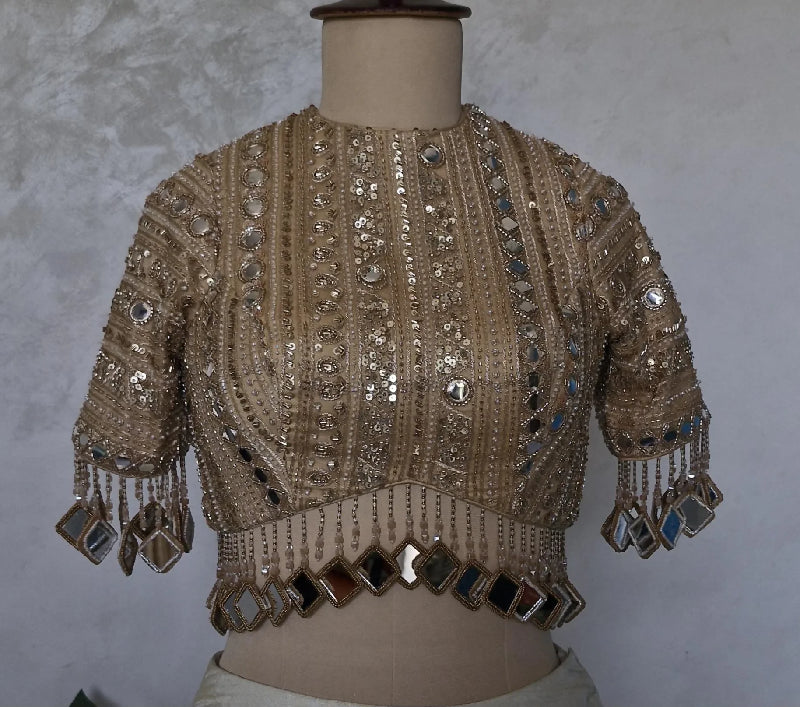 Dark Beige Gold Blouse, Embroidered, Sleeves, Mirror Fringes