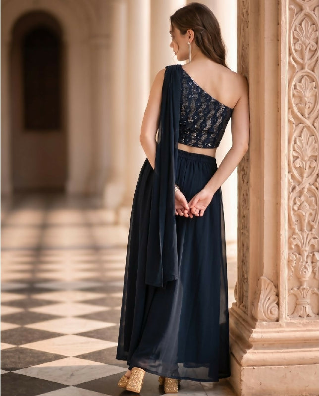 Blue indo western one shoulder top with palazzo
