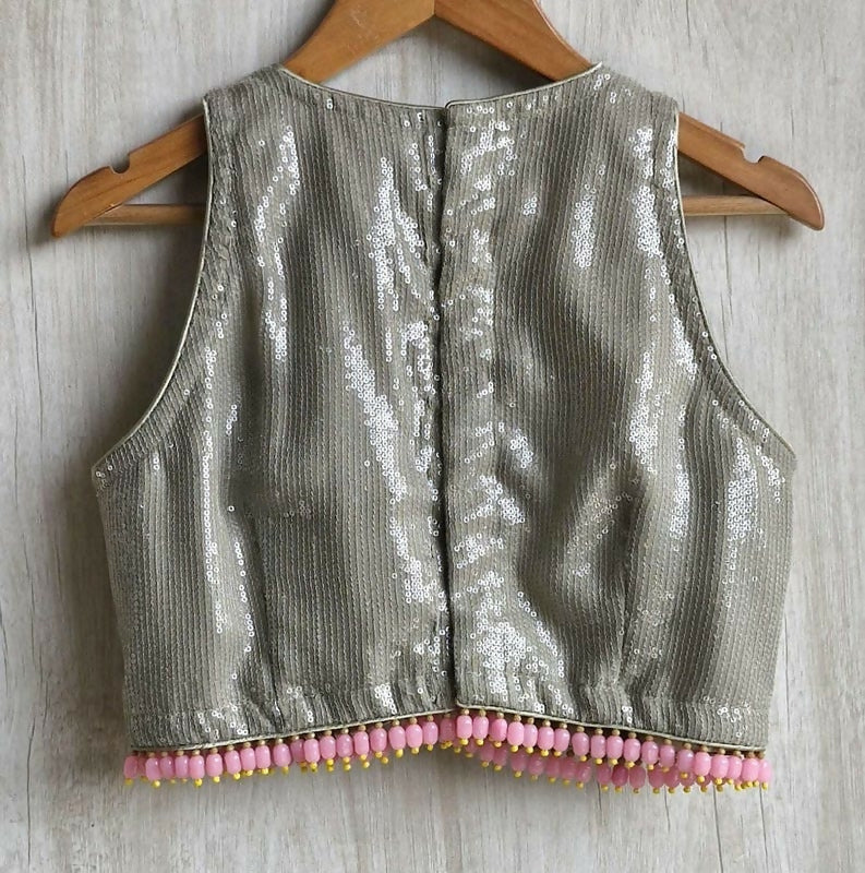 Sequin Embroidered Greenish Grey Jewel Neck Blouse, Handmade Fringes