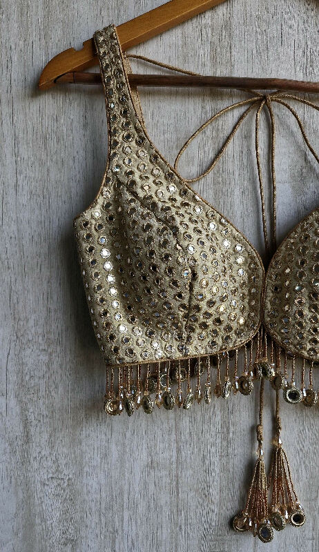 Champagne Gold Saree Blouse, Tissue Silk Sweetheart Neck, Mirror Fringes