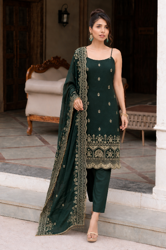 Green spaghetti sleeveless mehendi kurta with pent and dupatta 3pc set