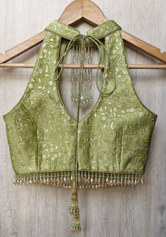 Green Embroidered Halter Neck Silk Blouse