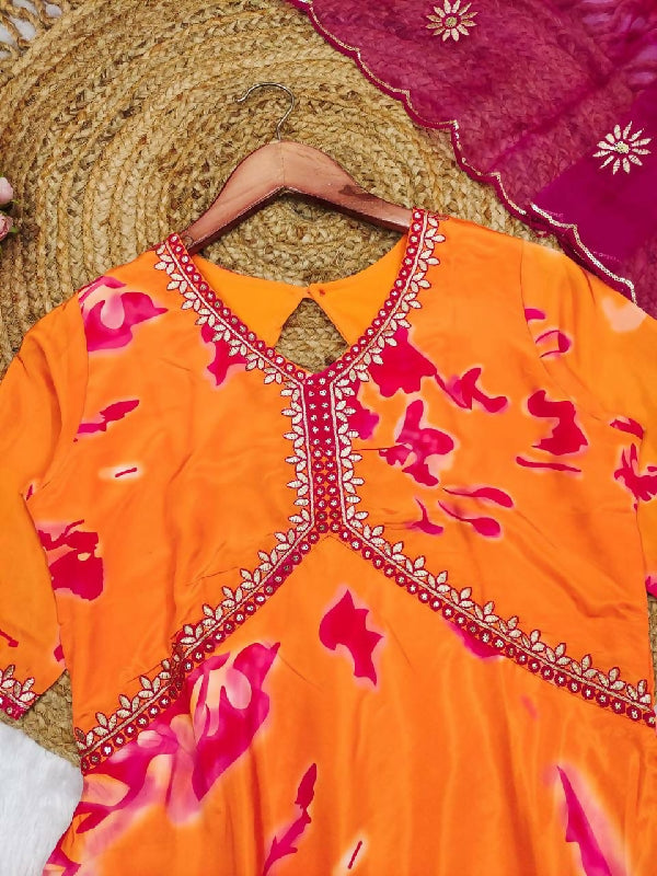 Orange v neck peplum stylish top with palazzo and dupatta 3pc set