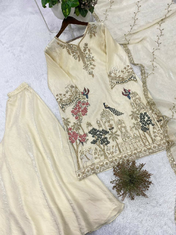 Off white cutdana handwork kurta with palazzo and dupatta 3pc set