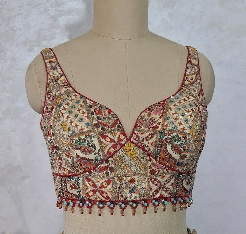 Embroidered Chinon Deep Sweetheart Neck Blouse