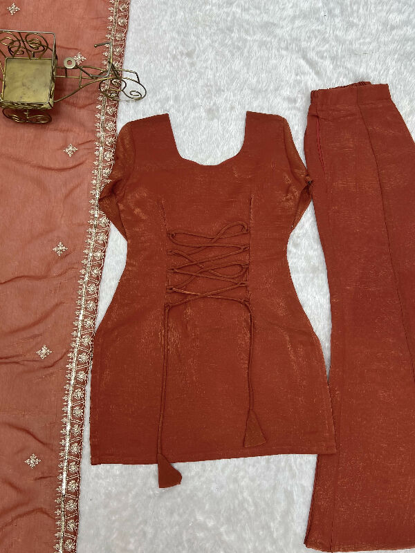 Orange silk corset short kurta with sharara and dupatta set