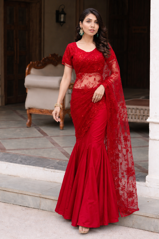 Red indo western lehenga saree with blouse