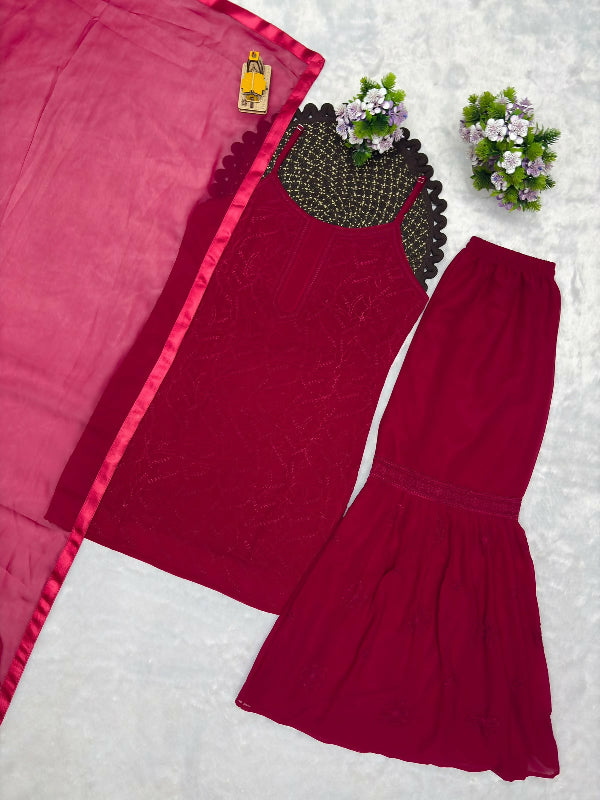 Dark pink spaghetti kurti with sharara and dupatta set