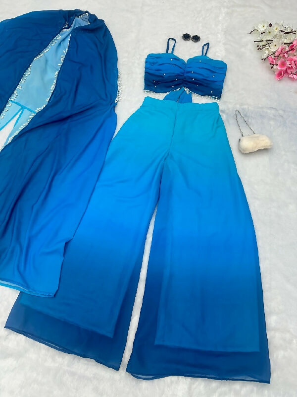Green ombre shaded indo western crop top with palazzo and jacket